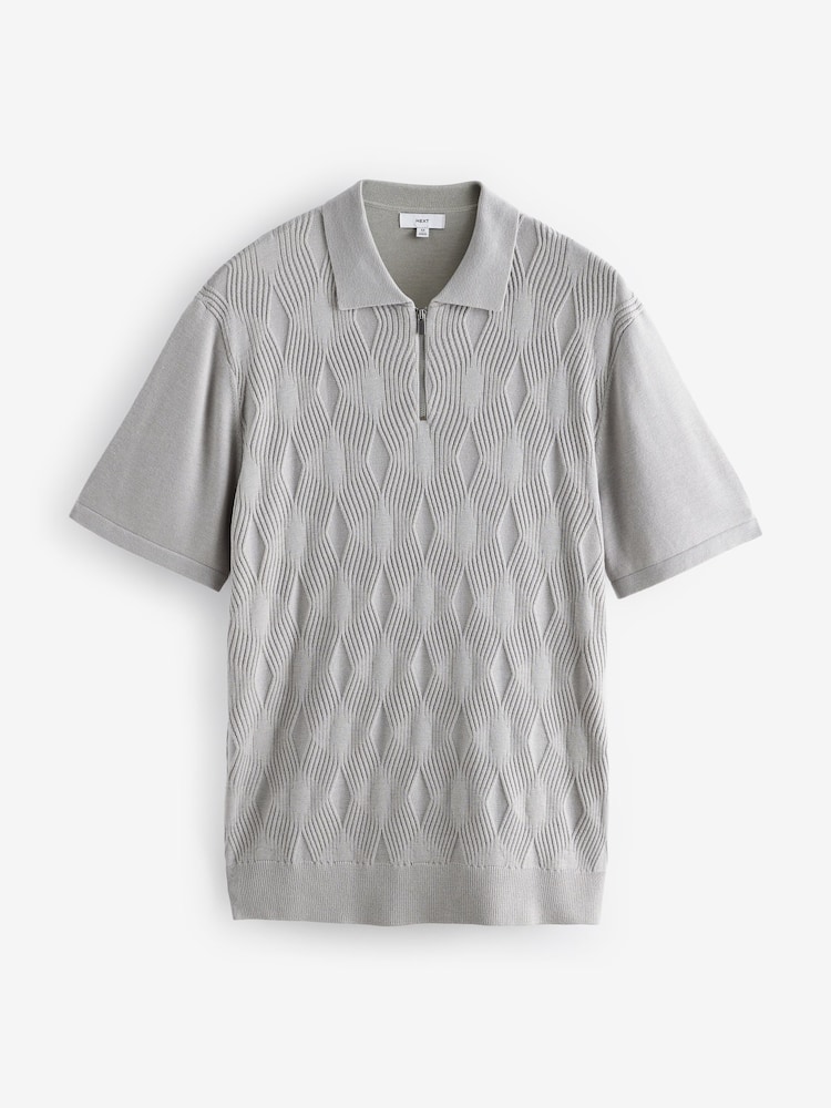 Ice Grey Regular Fit Textured Knit Quarter Zip Polo Shirt - Image 6 of 8