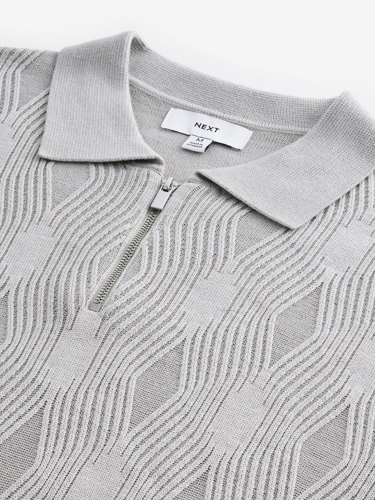 Ice Grey Regular Fit Textured Knit Quarter Zip Polo Shirt - Image 7 of 8