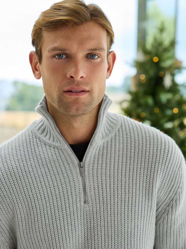 Ecru White Regular Fit Rib Quarter Zip Jumper with Wool - Image 1 of 9