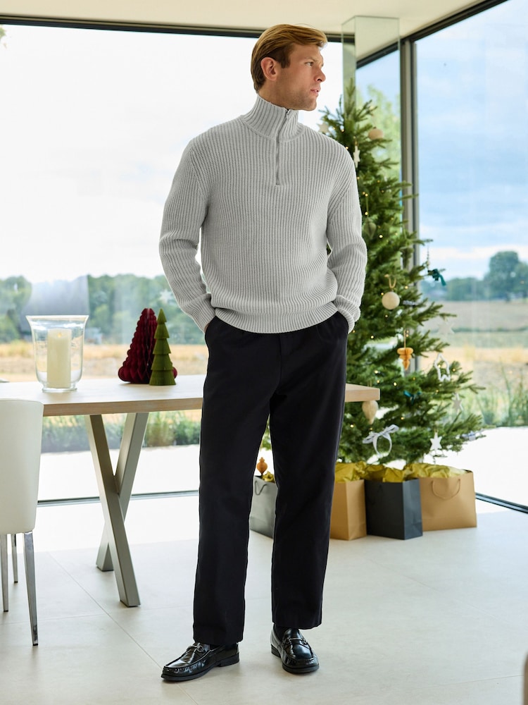 Ecru White Regular Fit Rib Quarter Zip Jumper with Wool - Image 2 of 9