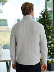 Ecru White Regular Fit Rib Quarter Zip Jumper with Wool - Image 3 of 9
