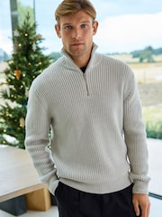 Ecru White Regular Fit Rib Quarter Zip Jumper with Wool - Image 4 of 9