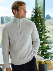 Ecru White Regular Fit Rib Quarter Zip Jumper with Wool - Image 5 of 9