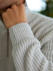 Ecru White Regular Fit Rib Quarter Zip Jumper with Wool - Image 6 of 9