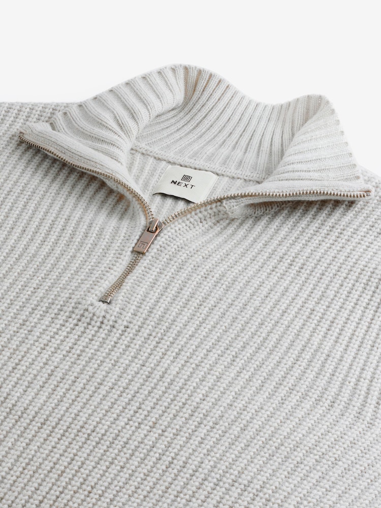 Ecru White Regular Fit Rib Quarter Zip Jumper with Wool - Image 9 of 9
