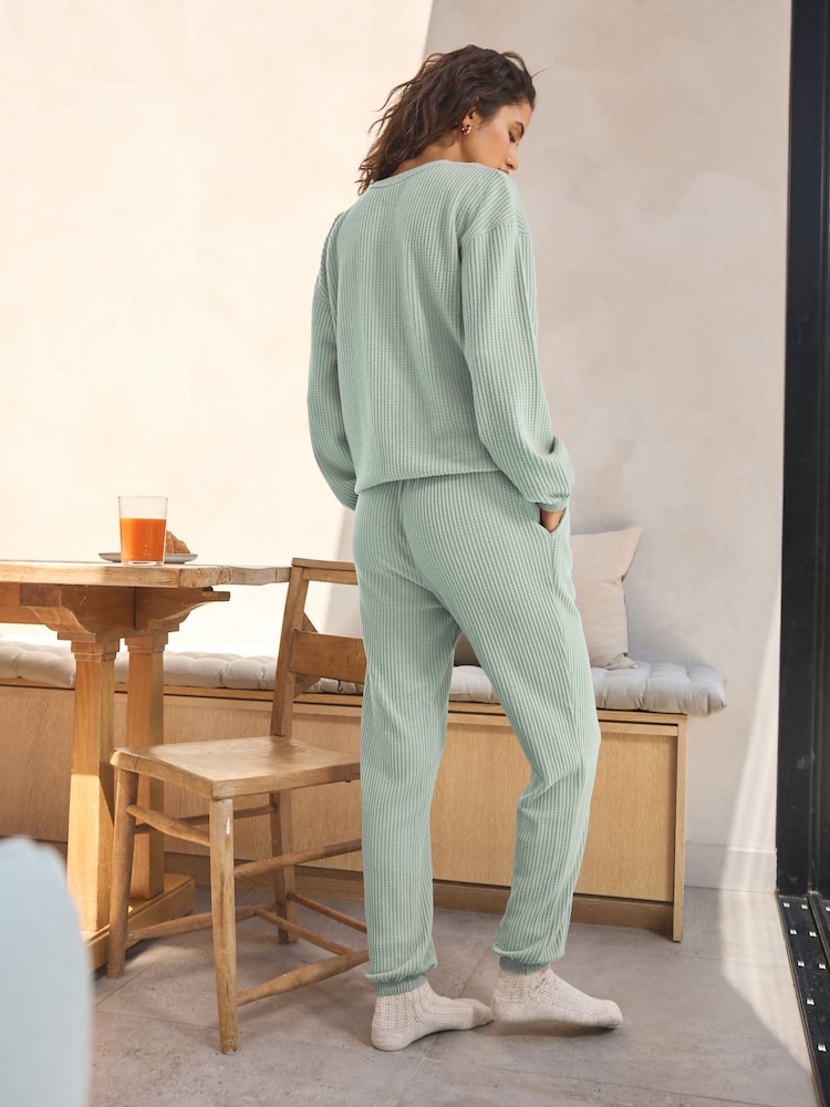 Sage Green Cosy Waffle Long Sleeve Pyjamas - Image 2 of 9 Sage Green Cosy Waffle Long Sleeve Pyjamas - Image 2 of 9