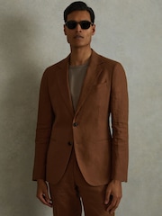 Reiss Tobacco Brown Kin Single-Breasted Linen Suit Blazer Slim Fit - Image 1 of 7