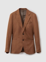 Reiss Tobacco Brown Kin Single-Breasted Linen Suit Blazer Slim Fit - Image 2 of 7