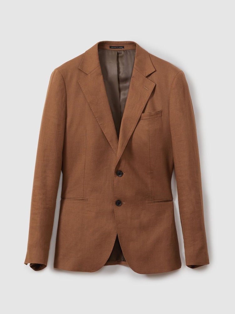 Reiss Tobacco Brown Kin Single-Breasted Linen Suit Blazer Slim Fit - Image 2 of 7