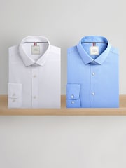 Weiß/Blau - Easy Care Textured Slim Fit Single Cuff Smart Shirts 2 Pack - Image 1 of 13