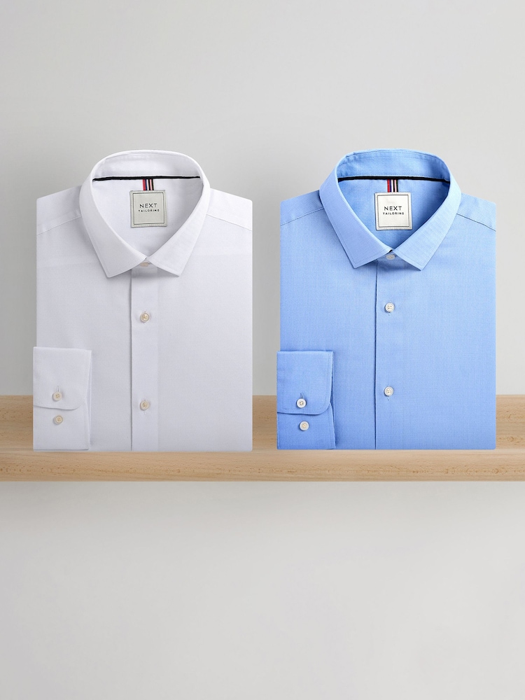 Weiß/Blau - Easy Care Textured Slim Fit Single Cuff Smart Shirts 2 Pack - Image 1 of 13