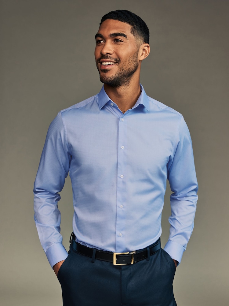 Weiß/Blau - Easy Care Textured Slim Fit Single Cuff Smart Shirts 2 Pack - Image 2 of 13