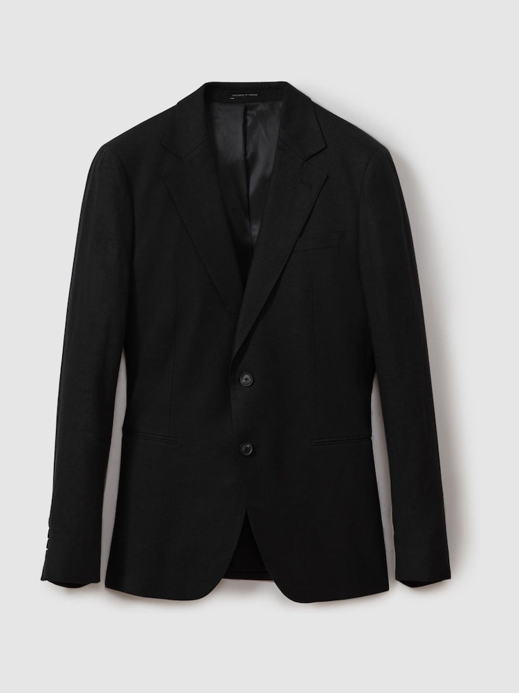 Reiss Black Kin Single-Breasted Linen Suit Blazer Slim Fit - Image 1 of 4
