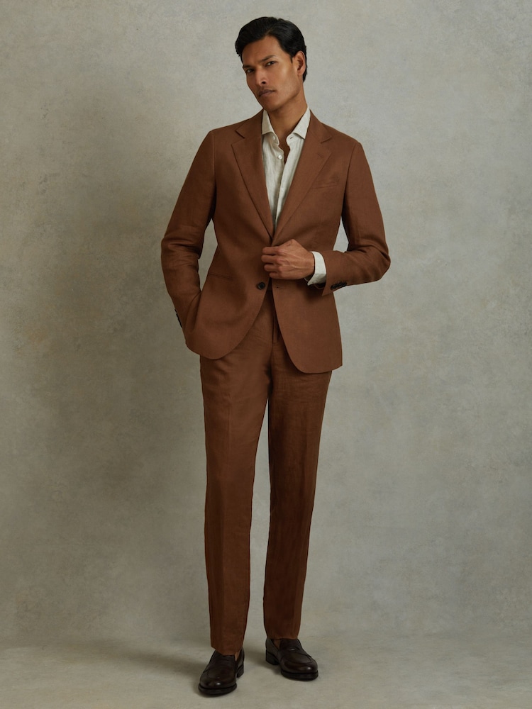 Reiss Tobacco Brown Kin Linen Tapered Trousers Slim-Fit - Image 1 of 5
