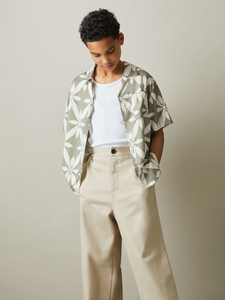 Reiss Sage Green Marabel 3-9 yrs Relaxed Printed Cuban Collar Shirt - Image 1 of 5