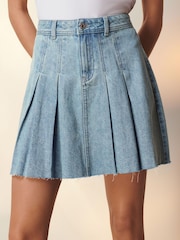 Mid Blue 100% Cotton Pleated Denim Mini Skirt - Image 2 of 6