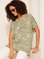 Friends Like These Khaki Tropical Print Short Sleeve V Neck Tunic Top - Image 1 of 4