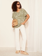 Friends Like These Khaki Tropical Print Short Sleeve V Neck Tunic Top - Image 3 of 4