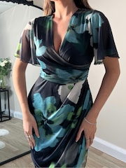 Girl In Mind Green Floral Natasha Angel Sleeve Wrap Midi Dress - Image 4 of 4