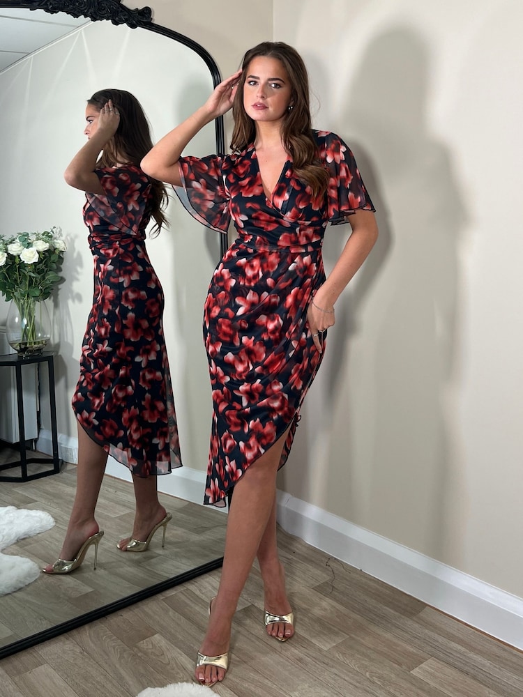 Girl In Mind Red Floral Natasha Angel Sleeve Wrap Midi Dress - Image 1 of 4 Girl In Mind Red Floral Natasha Angel Sleeve Wrap Midi Dress - Image 1 of 4