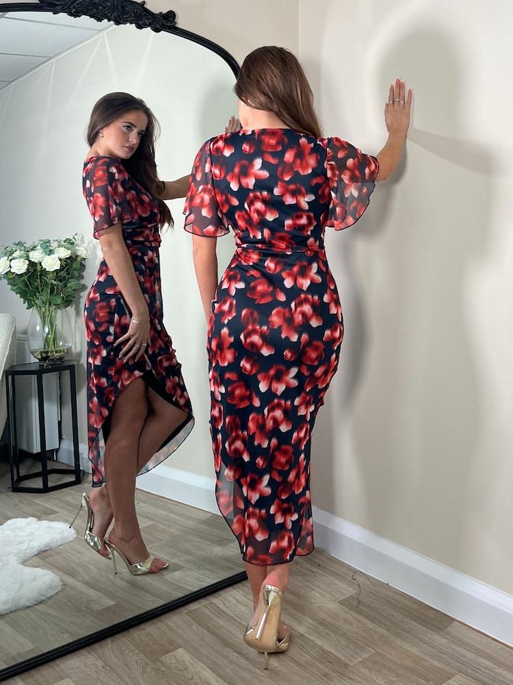 Girl In Mind Red Floral Natasha Angel Sleeve Wrap Midi Dress - Image 2 of 4 Girl In Mind Red Floral Natasha Angel Sleeve Wrap Midi Dress - Image 2 of 4