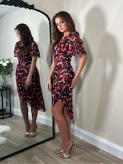 Girl In Mind Red Floral Natasha Angel Sleeve Wrap Midi Dress - Image 3 of 4