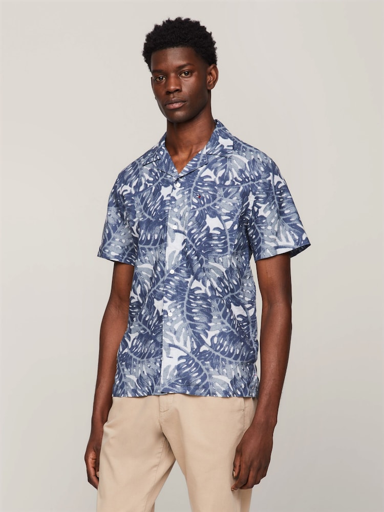 Tommy Hilfiger Blue Print Short Sleeve 100% Linen Shirt - Image 1 of 6 Tommy Hilfiger Blue Print Short Sleeve 100% Linen Shirt - Image 1 of 6