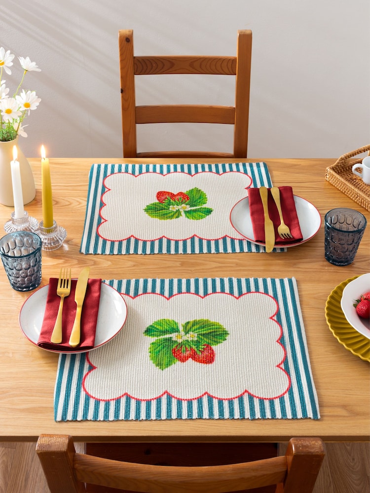Wylder Blue Strawberry Stripes 46x36cm Table Placemats Set Of 4 - Image 2 of 6