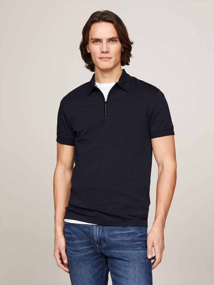 Tommy Hilfiger Blue Slim Fit Zip 100% Cotton Polo Top - Image 1 of 5 Tommy Hilfiger Blue Slim Fit Zip 100% Cotton Polo Top - Image 1 of 5