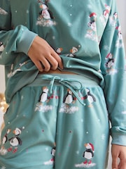 Sage Green Puffins Christmas Cosy Long Sleeve Pyjamas - Image 5 of 7