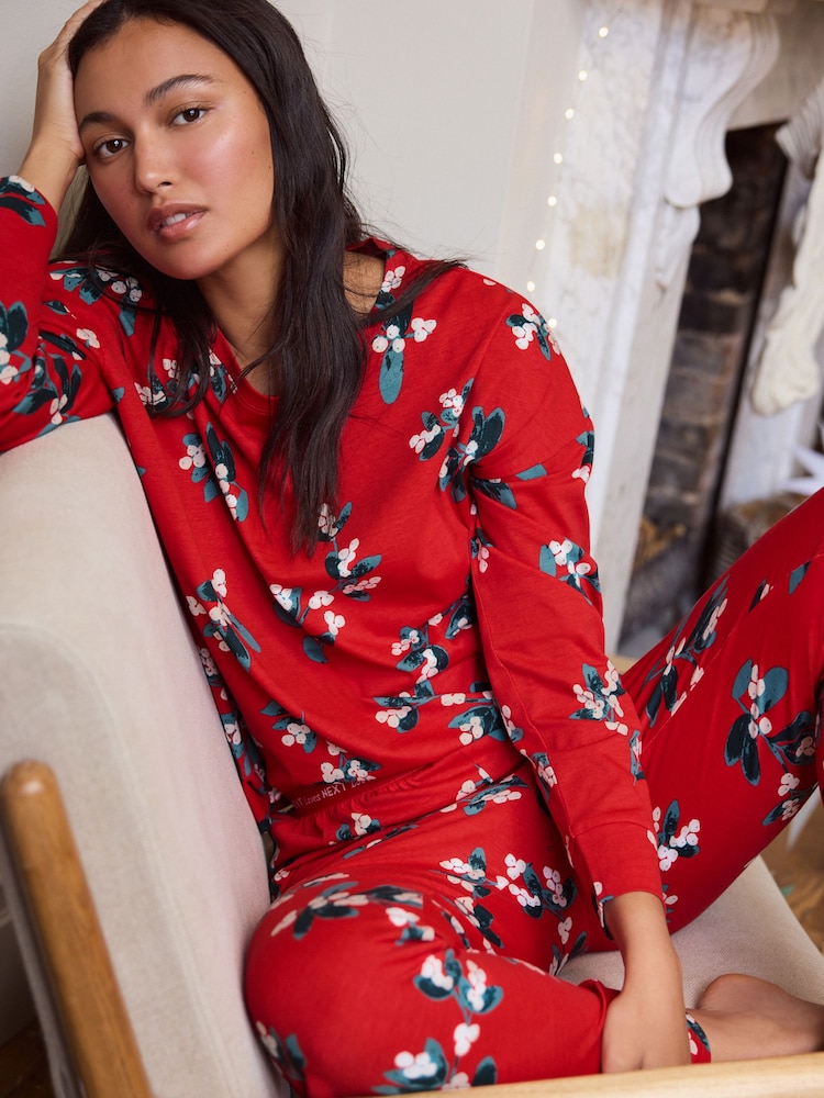 Red Mistletoe 100% Cotton Christmas Long Sleeve Pyjamas - Image 1 of 10