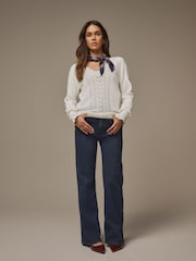 Laura Ashley Ecru White Pointelle V-Neck Jumper - Image 10 of 12