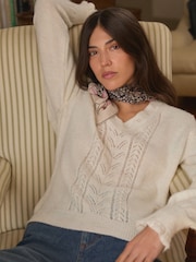 Laura Ashley Ecru White Pointelle V-Neck Jumper - Image 2 of 12