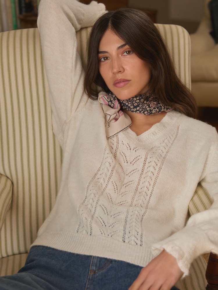 Laura Ashley Ecru White Pointelle V-Neck Jumper - Image 2 of 12