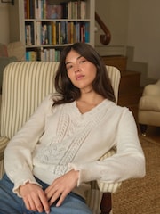 Laura Ashley Ecru White Pointelle V-Neck Jumper - Image 5 of 12