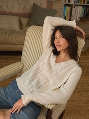 Laura Ashley Ecru White Pointelle V-Neck Jumper - Image 6 of 12