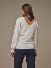 Laura Ashley Ecru White Pointelle V-Neck Jumper - Image 9 of 12