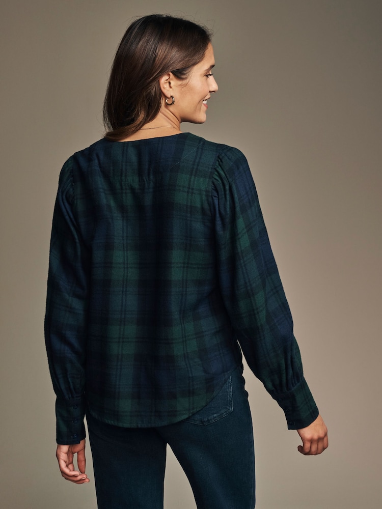 Laura Ashley Green/Black Navy Watch Check Puff Sleeve Blouse - Image 2 of 5
