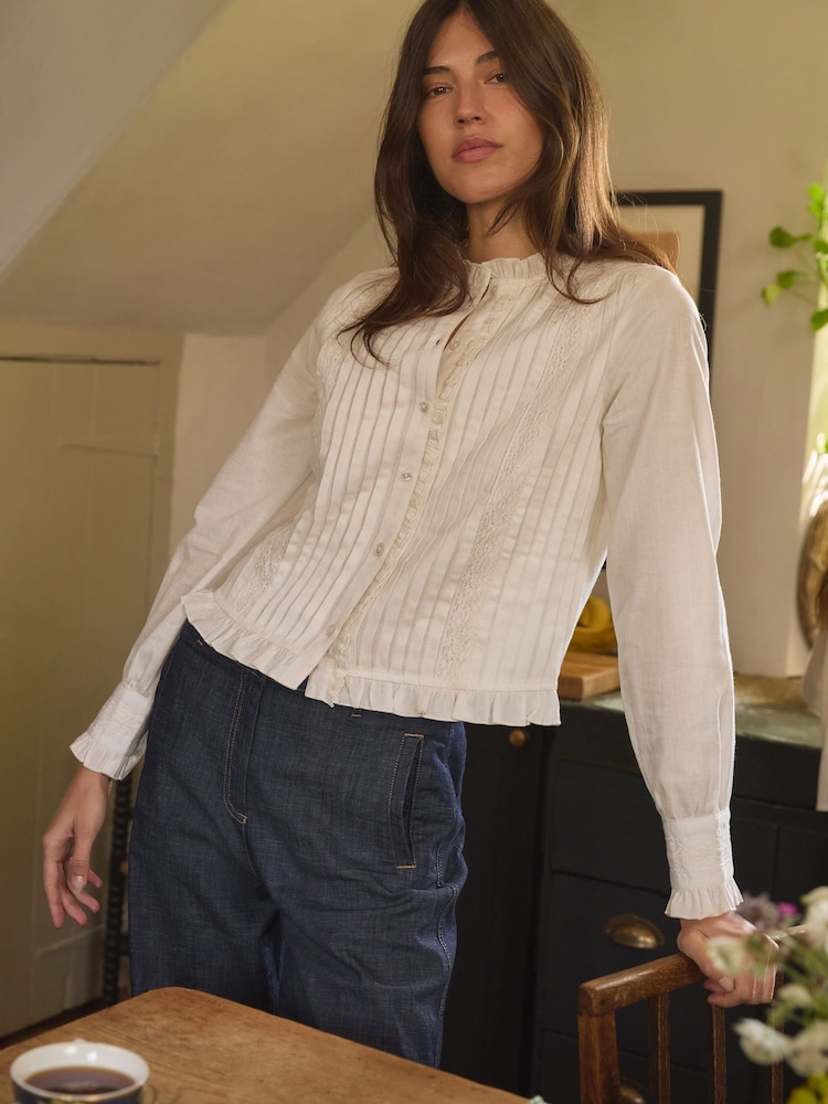 Laura Ashley White Lace Trim Pintuck Blouse - Image 2 of 4