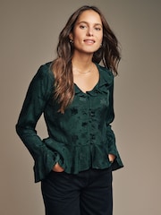 Laura Ashley Green Jacquard Frill Blouse - Image 1 of 4
