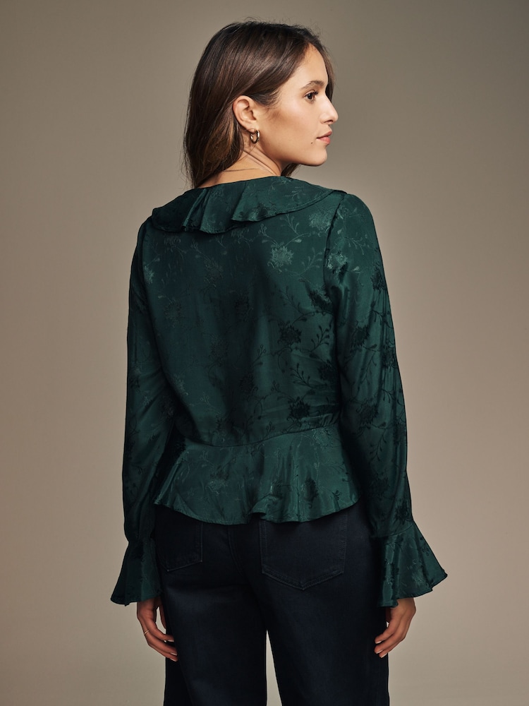 Laura Ashley Green Jacquard Frill Blouse - Image 2 of 4