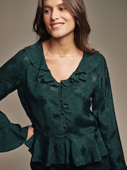 Laura Ashley Green Jacquard Frill Blouse - Image 4 of 4