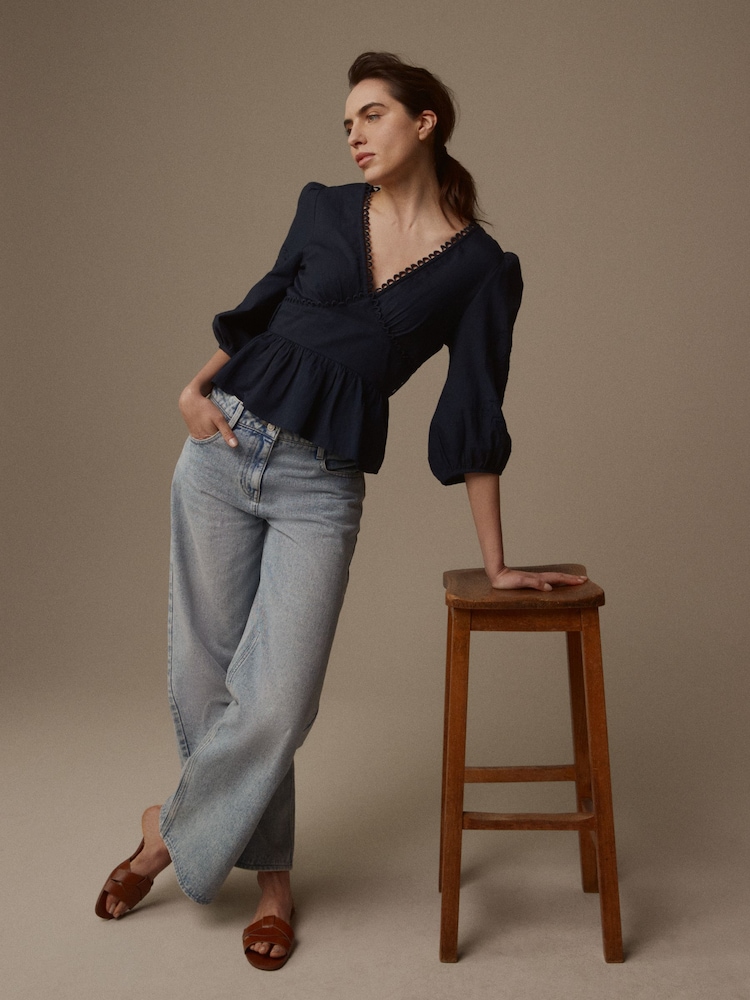 Laura Ashley Navy Sateen Embroidered Puff Sleeve Peplum Top - Image 2 of 7