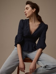 Laura Ashley Navy Sateen Embroidered Puff Sleeve Peplum Top - Image 3 of 7
