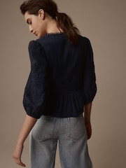 Laura Ashley Navy Sateen Embroidered Puff Sleeve Peplum Top - Image 5 of 7