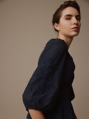 Laura Ashley Navy Sateen Embroidered Puff Sleeve Peplum Top - Image 6 of 7