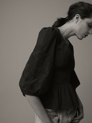 Laura Ashley Navy Sateen Embroidered Puff Sleeve Peplum Top - Image 7 of 7