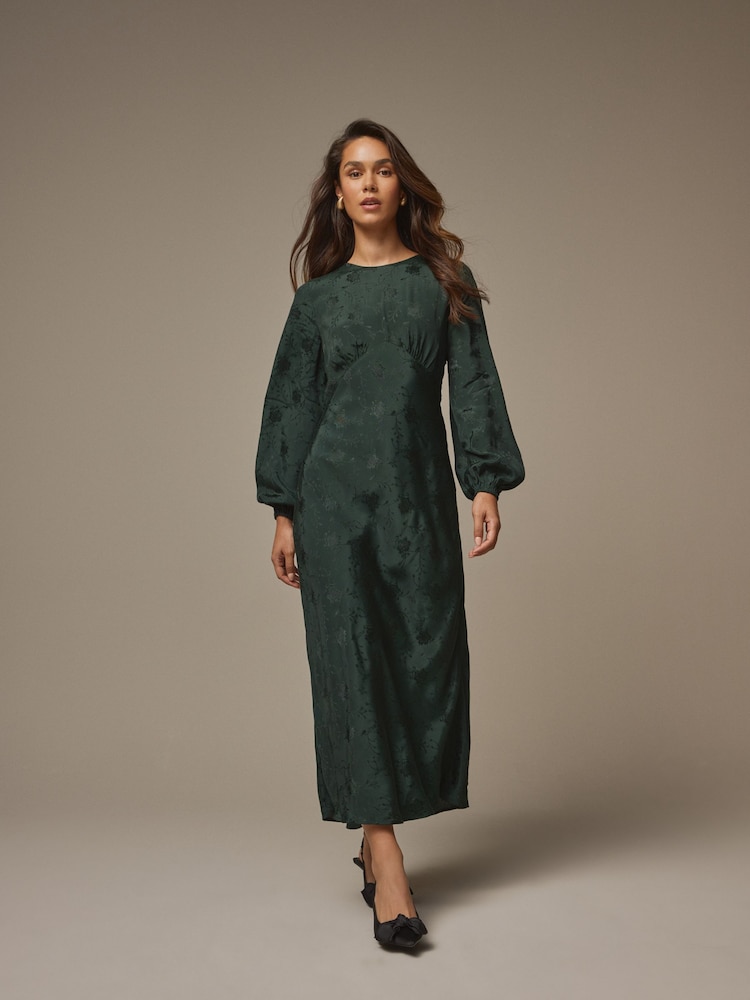 Laura Ashley Green Jacquard Bow Back Midaxi Dress - Image 1 of 4