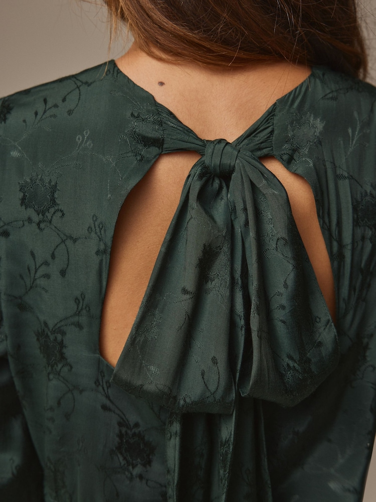 Laura Ashley Green Jacquard Bow Back Midaxi Dress - Image 3 of 4