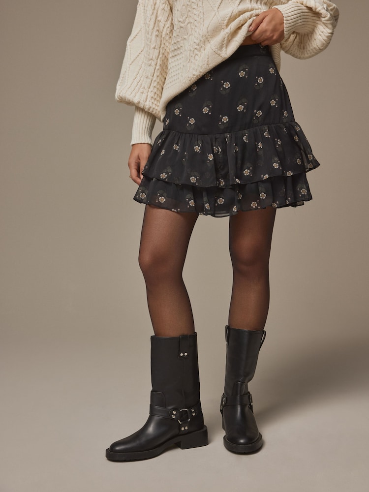 Laura Ashley Black Beauchamp Daisy Tiered Chiffon Mini Skirt - Image 2 of 9